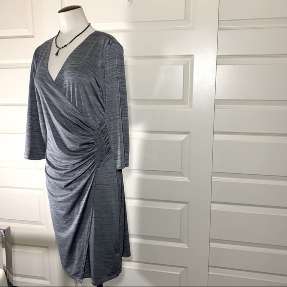 Notations Gray Midi Dress Rushed Faux Rap Deep V Neckline Sz XL P - Picture 6 of 11